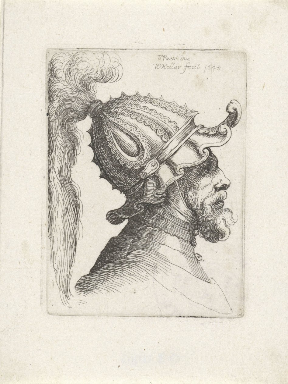 Hovedet af en mand med hjelm Hoveder med hjelme til Parmigianino (serietitel) af Wenceslaus Hollar