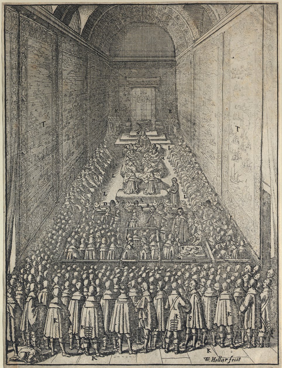 Interiør af House of Lords i session, Palace of Westminster, London, c1650 af Wenceslaus Hollar