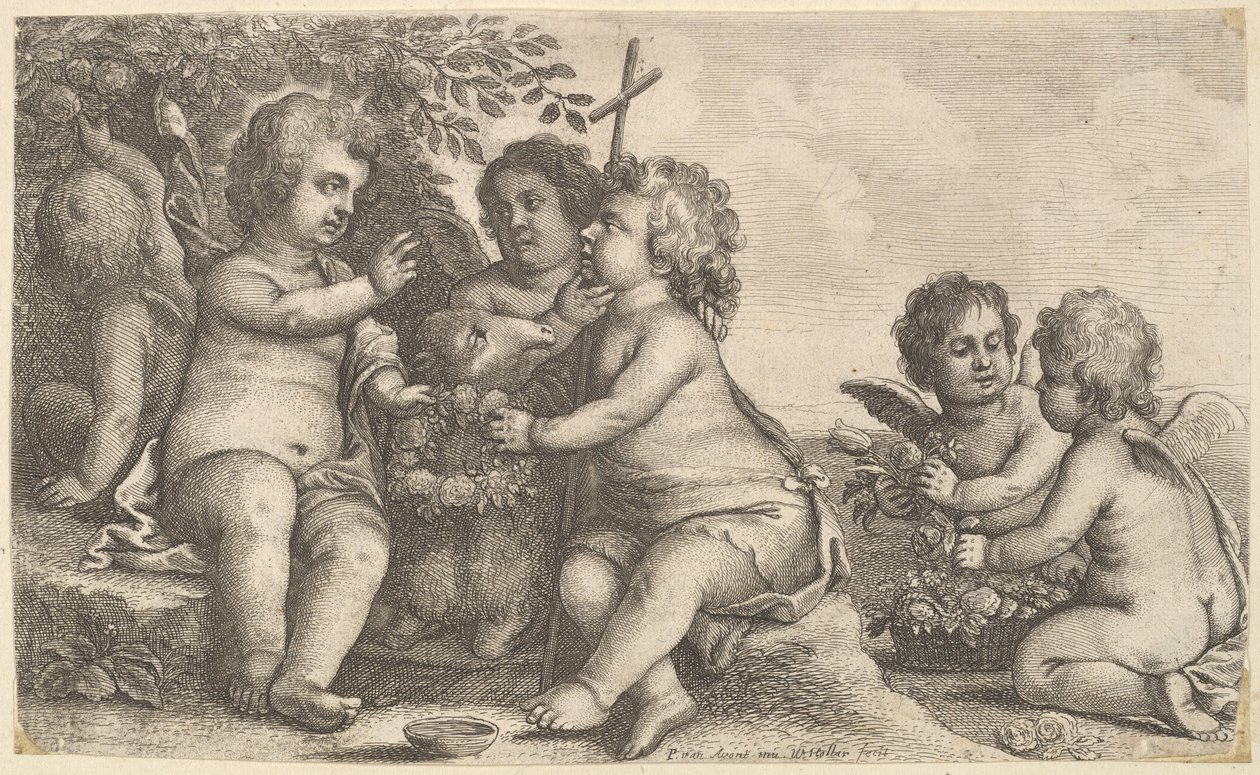 Jesus, Johannes Døberen og fire keruber, 1625-77. af Wenceslaus Hollar