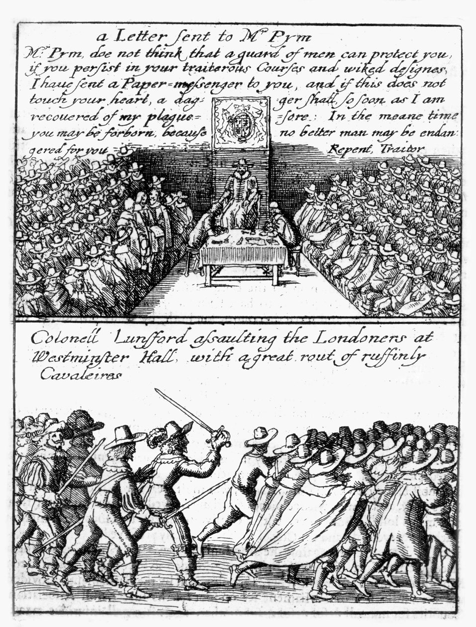 John Pym læser et brev op i Underhuset; Oberst Thomas Lunsford og hans soldater angriber londonere af Wenceslaus Hollar