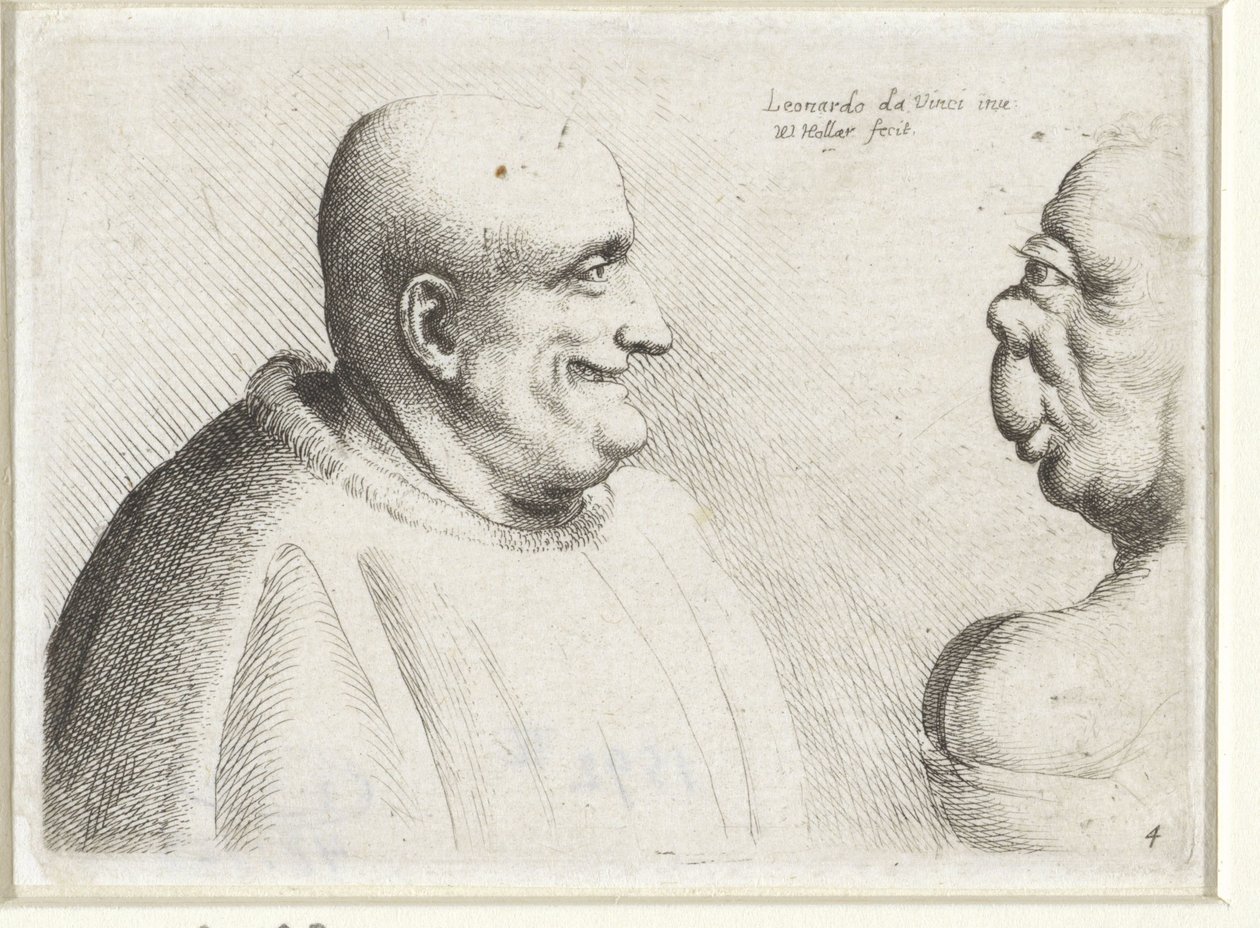 Hoveder af en stor skaldet mand og grotesk kvinde Varie figurae et probae (serietitel) Karikaturer, hoveder og deformiteter efter Leonardo da Vinci (serietitel) af Wenceslaus Hollar