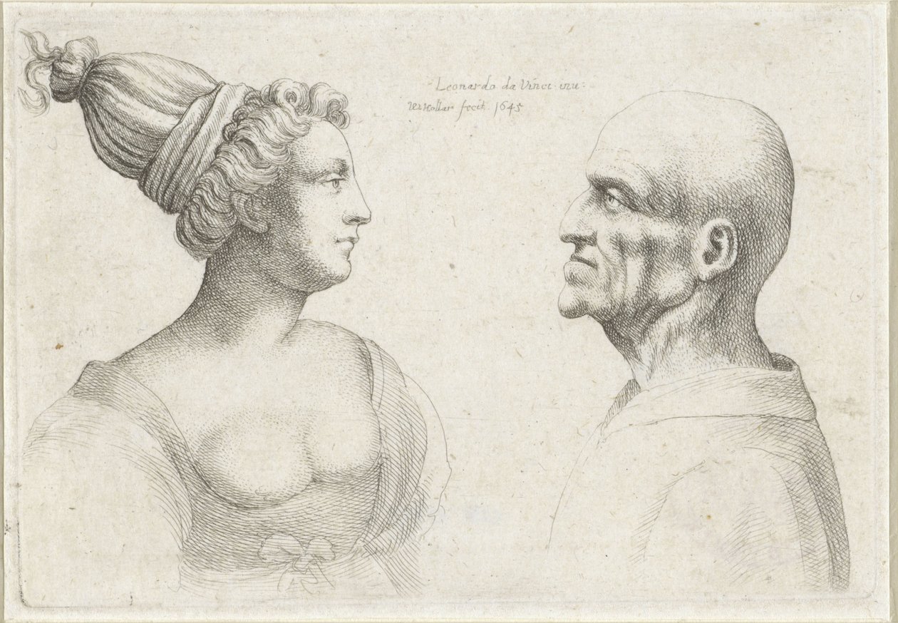 Hoveder af en skaldet mand og kvinde med turbaner Varie figurae et probae (serietitel) Karikaturer, hoveder og deformiteter efter Leonardo da Vinci (serietitel) af Wenceslaus Hollar