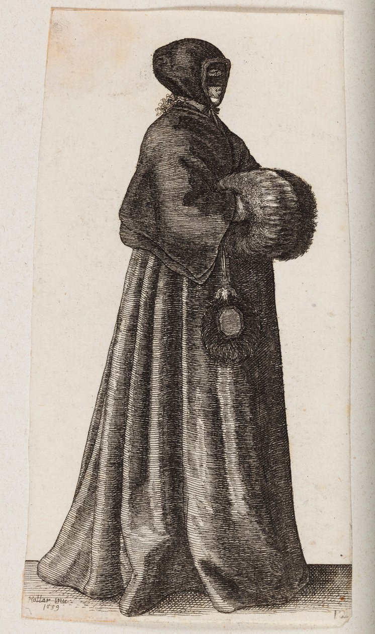 Kvinde klædt i sort med en maske, kyse og muffe af Wenceslaus Hollar