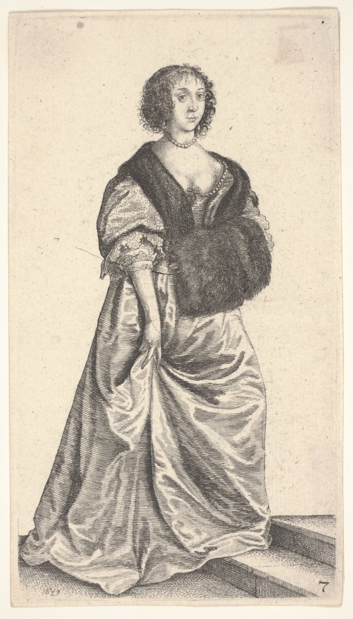 Dame med pelsmuffe stående på to trin af Wenceslaus Hollar