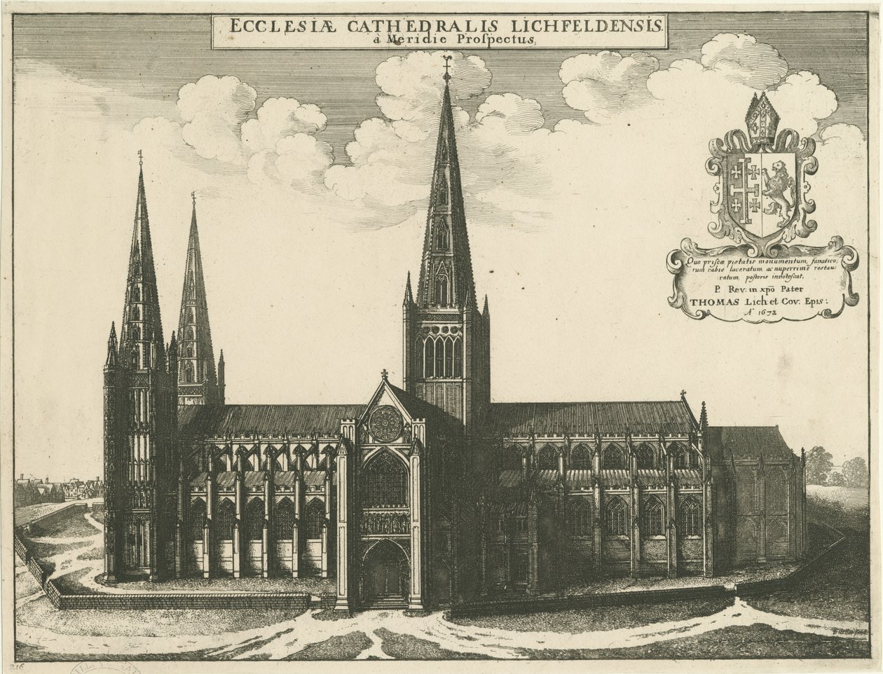 Lichfield Cathedral - South View: gravering, 1672 af Wenceslaus Hollar