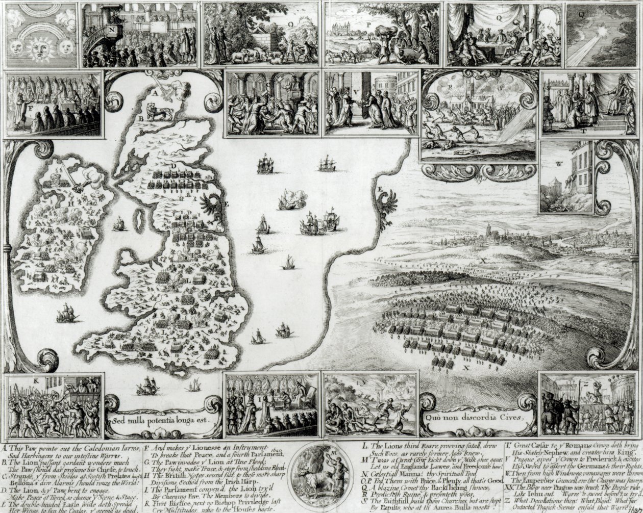 Kort over borgerkrigens England og udsigt over Prag, 1632 af Wenceslaus Hollar