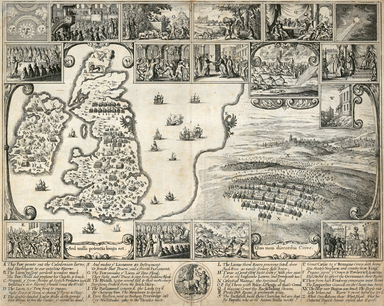 Kort over de britiske øer og illustrationer af 1600-tallets historiske begivenheder, c1659 af Wenceslaus Hollar