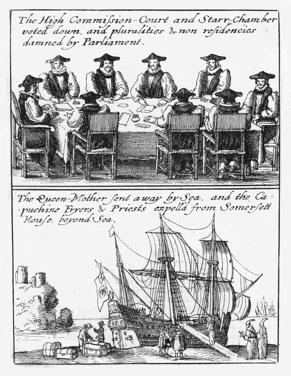 Medlemmer af Stjernekammeret; Dronning Henrietta Maria sejler fra England af Wenceslaus Hollar