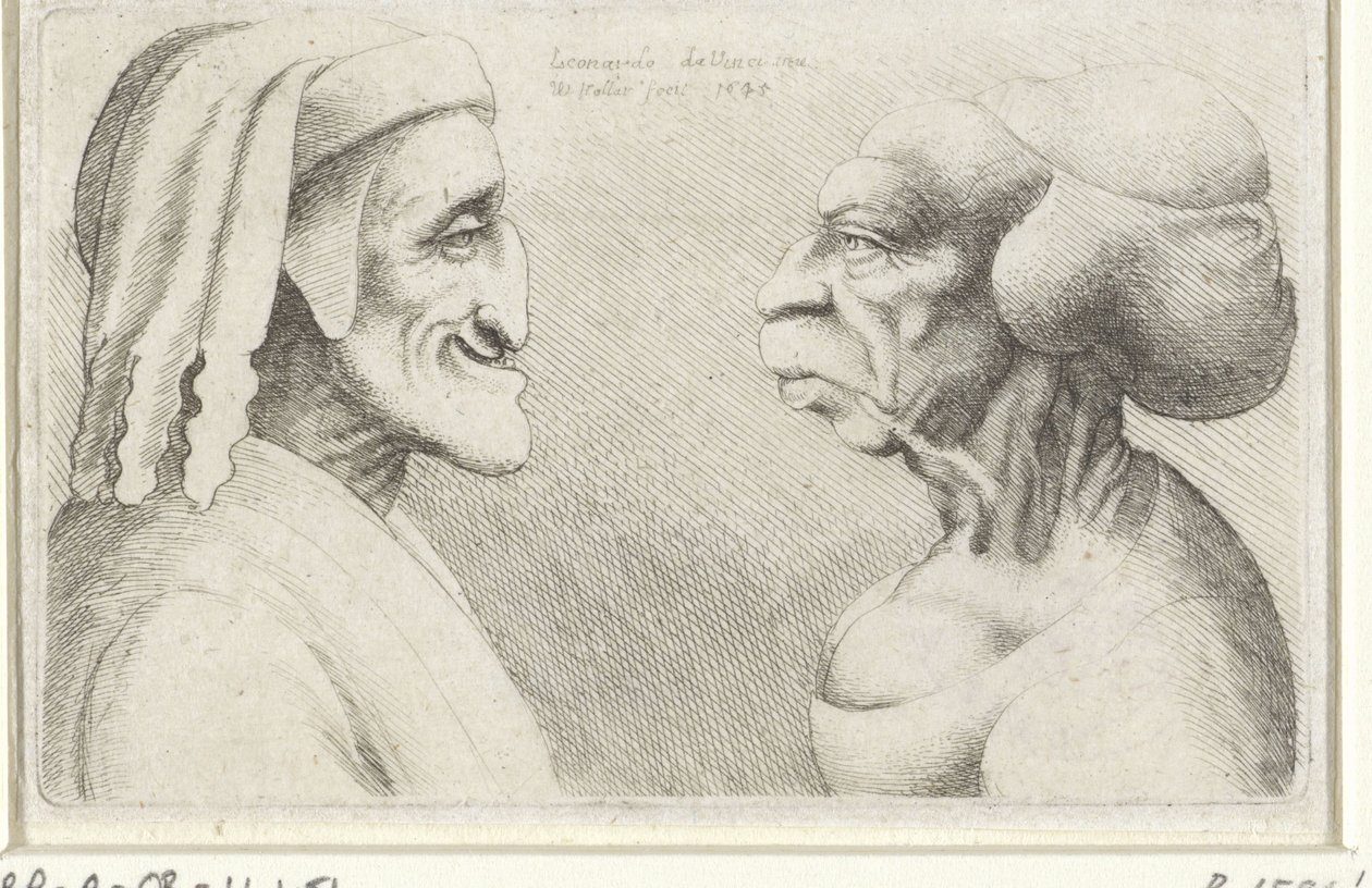 Deforme karikaturhoveder af en mand med hat (Dante?) og en kvinde Varie figurae et probae (serietitel) Karikaturer, hoveder og deformiteter efter Leonardo da Vinci (serietitel) af Wenceslaus Hollar