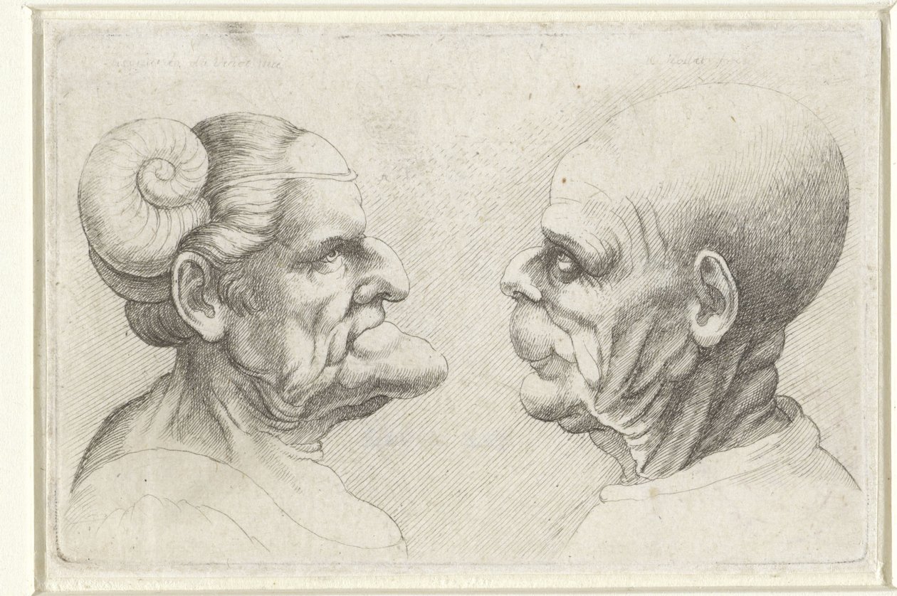 Deforme hoveder af en skaldet mand og kvinde med horn på hovedet Varie figurae et probae (serietitel) Karikaturer, hoveder og deformiteter efter Leonardo da Vinci (serietitel) af Wenceslaus Hollar
