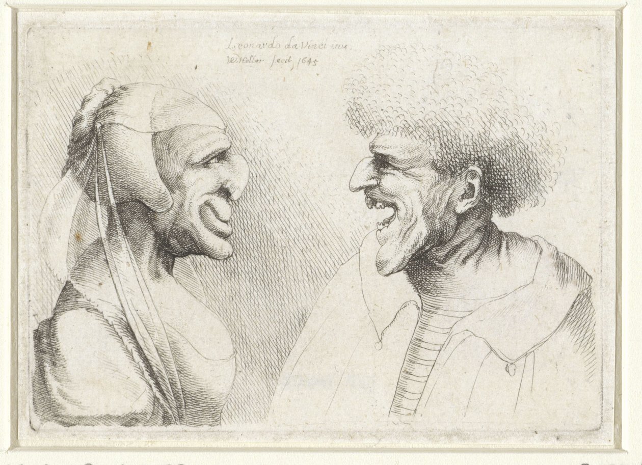 Deforme hoveder af en smilende mand og kvinde med en hovedhætte Varie figurae et probae (serietitel) Karikaturer, hoveder og deformiteter efter Leonardo da Vinci (serietitel) af Wenceslaus Hollar
