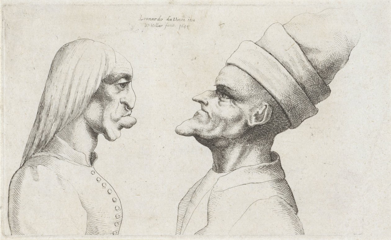 Deforme hoveder af en kvinde med glat hår og en mand med en dobbeltskygget hat Varie figurae et probae (serietitel) Karikaturer, hoveder og deformiteter efter Leonardo da Vinci (serietitel) af Wenceslaus Hollar