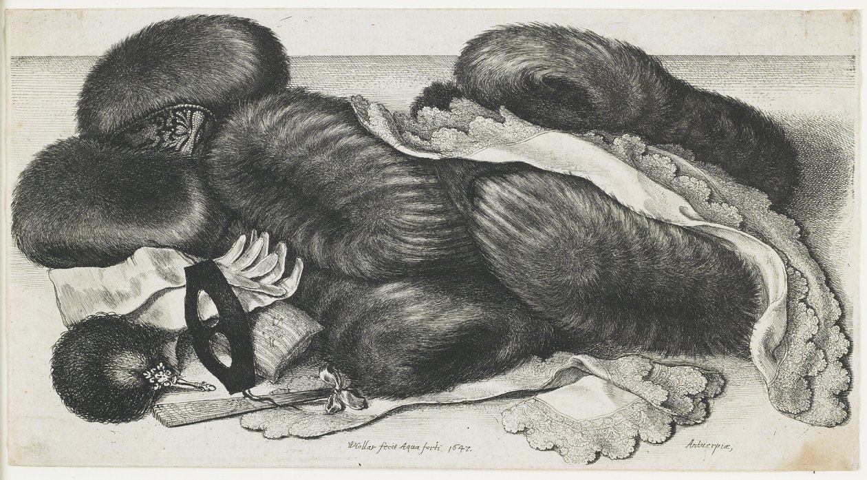 Muffer og beklædningsgenstande på et bord, 1647 af Wenceslaus Hollar