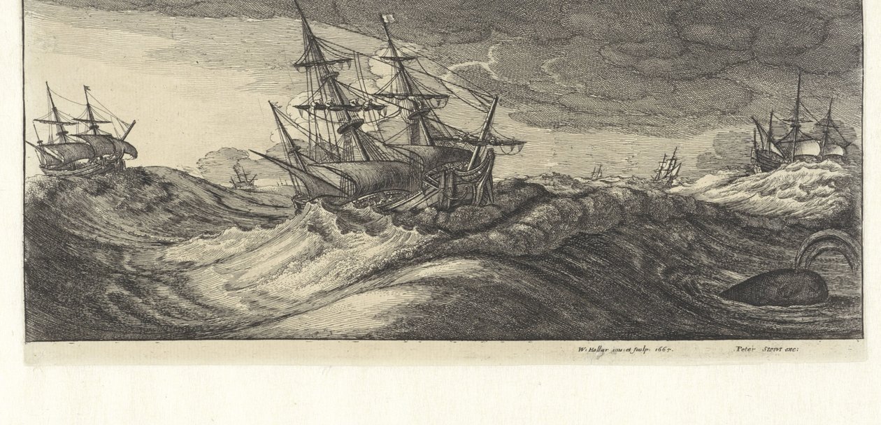 Krigsskibe og en hval i en havstorm Havstorme (serietitel) af Wenceslaus Hollar