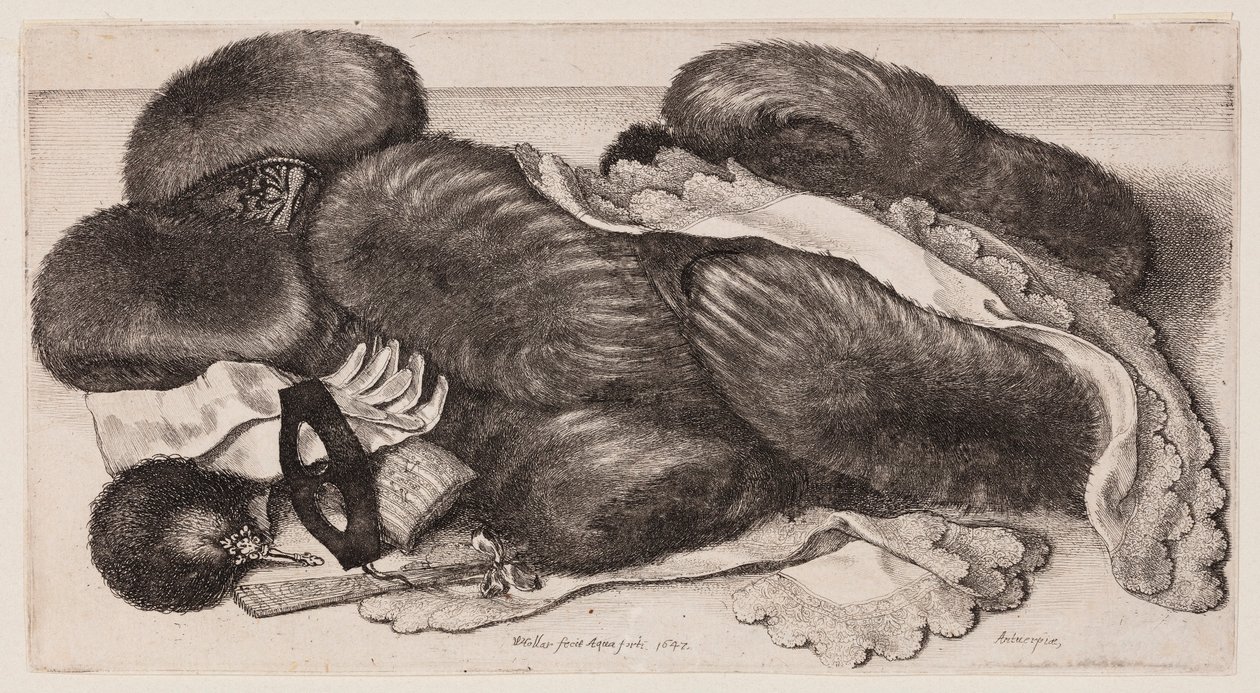 Opstilling med muffer, handsker og tørklæder af Wenceslaus Hollar