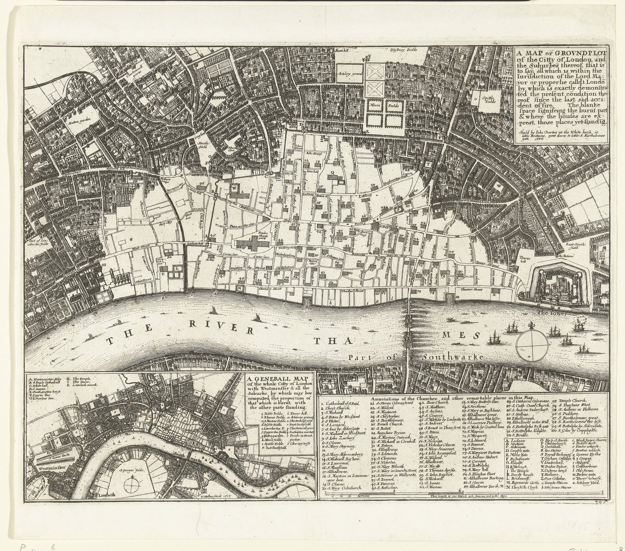 Kort over London efter den store brand i 1666 Et kort eller grundplot over City of London og forstæderne (...) (titel på objekt) af Wenceslaus Hollar