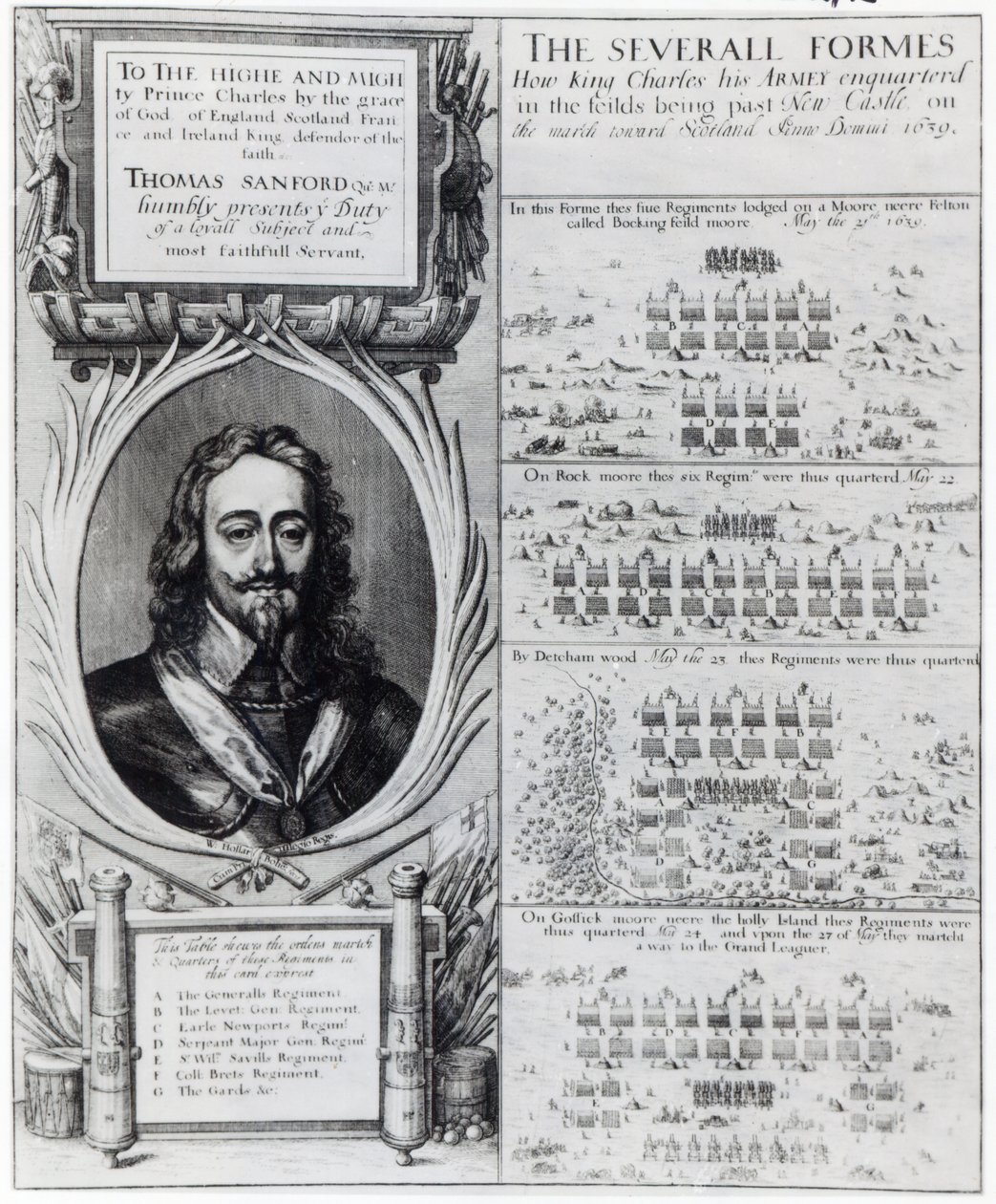 Portræt af kong Charles I med diagrammer, der viser dannelsen af hans tropper under biskoppernes krig, ca. 1639 af Wenceslaus Hollar