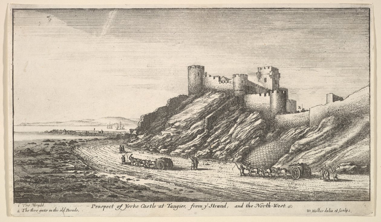 Udsigt til Yorke Castle ved Tangier, fra ye Strand og nordvest, 1669-73. af Wenceslaus Hollar