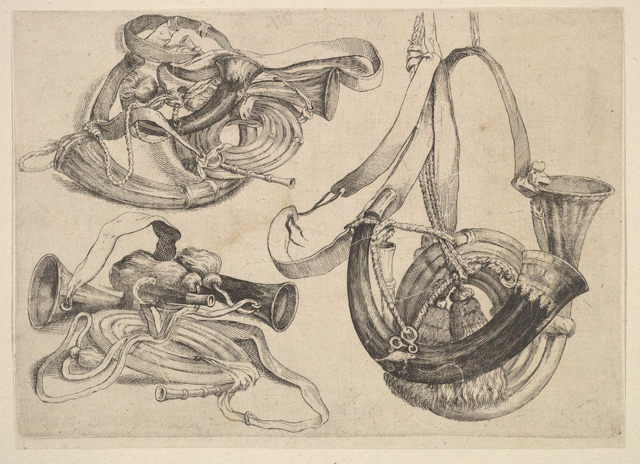 Syv jagthorn i tre grupperinger, 1625-77. af Wenceslaus Hollar