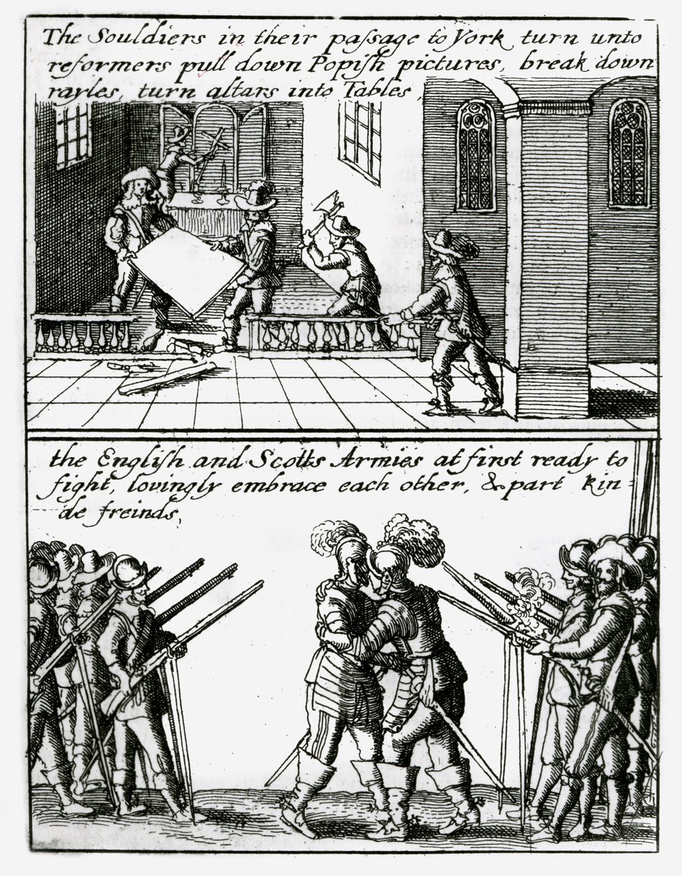 Soldater ødelægger religiøse billeder i en kirke; Engelske og skotske soldater omfavner af Wenceslaus Hollar