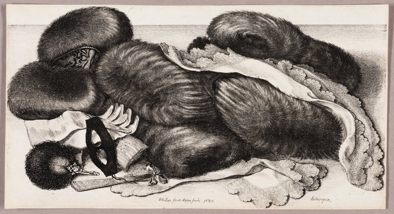 Stilleben med en gruppe muffer, et par handsker og to tørklæder af Wenceslaus Hollar