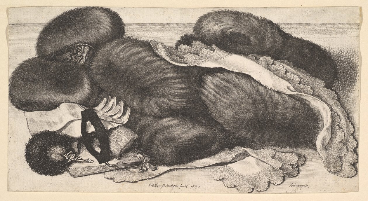 Stilleben med en gruppe muffer, et par handsker, vifter, maske og to tørklæder, 1647. af Wenceslaus Hollar