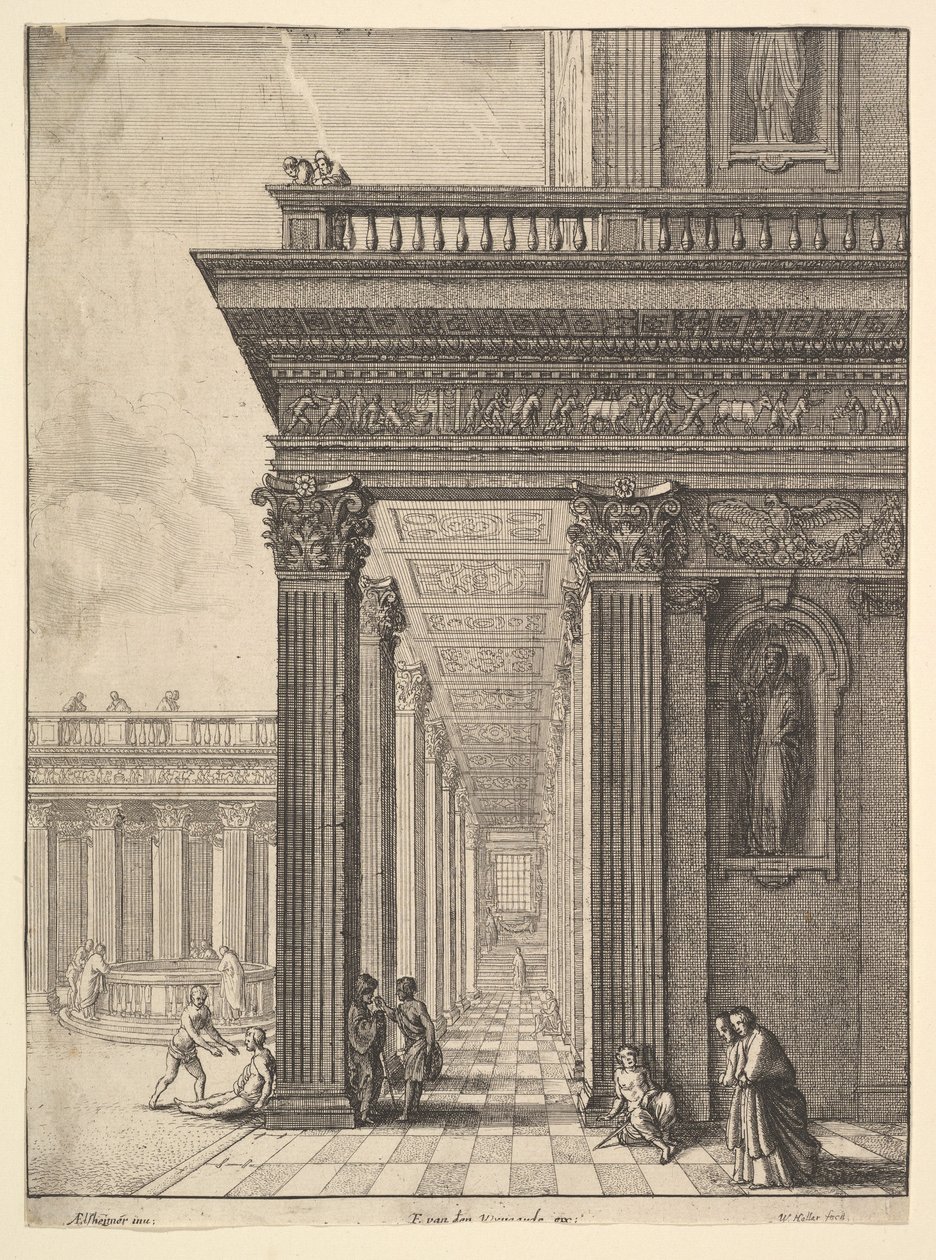 Tempelgård med figurer, efter David Teniers den Ældre, 1625-77. af Wenceslaus Hollar