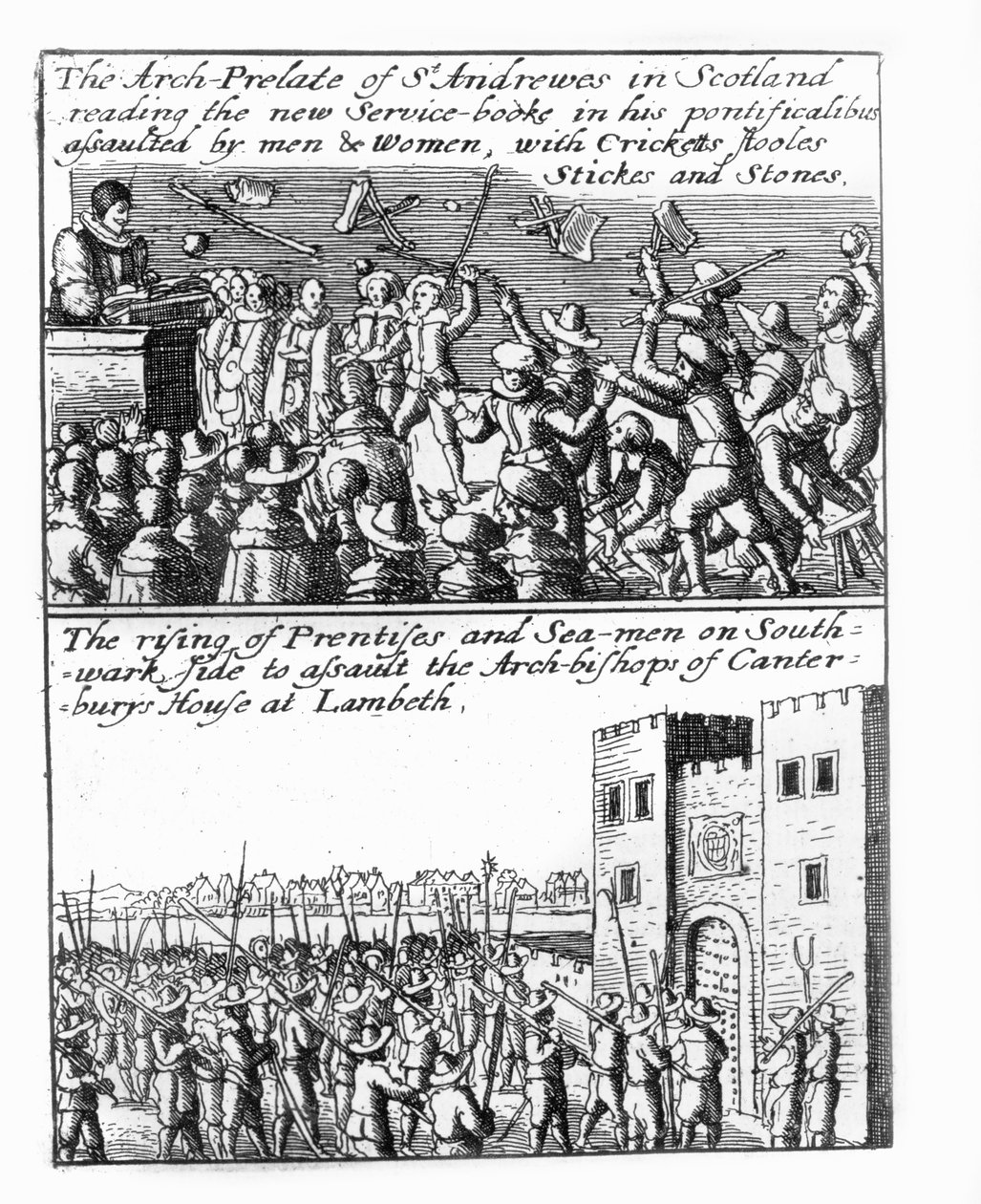 Ærkeprælaten af St. Andrews prædiker i Skotland; opstigning af lærlinge og sømænd på Lambeth Palace af Wenceslaus Hollar