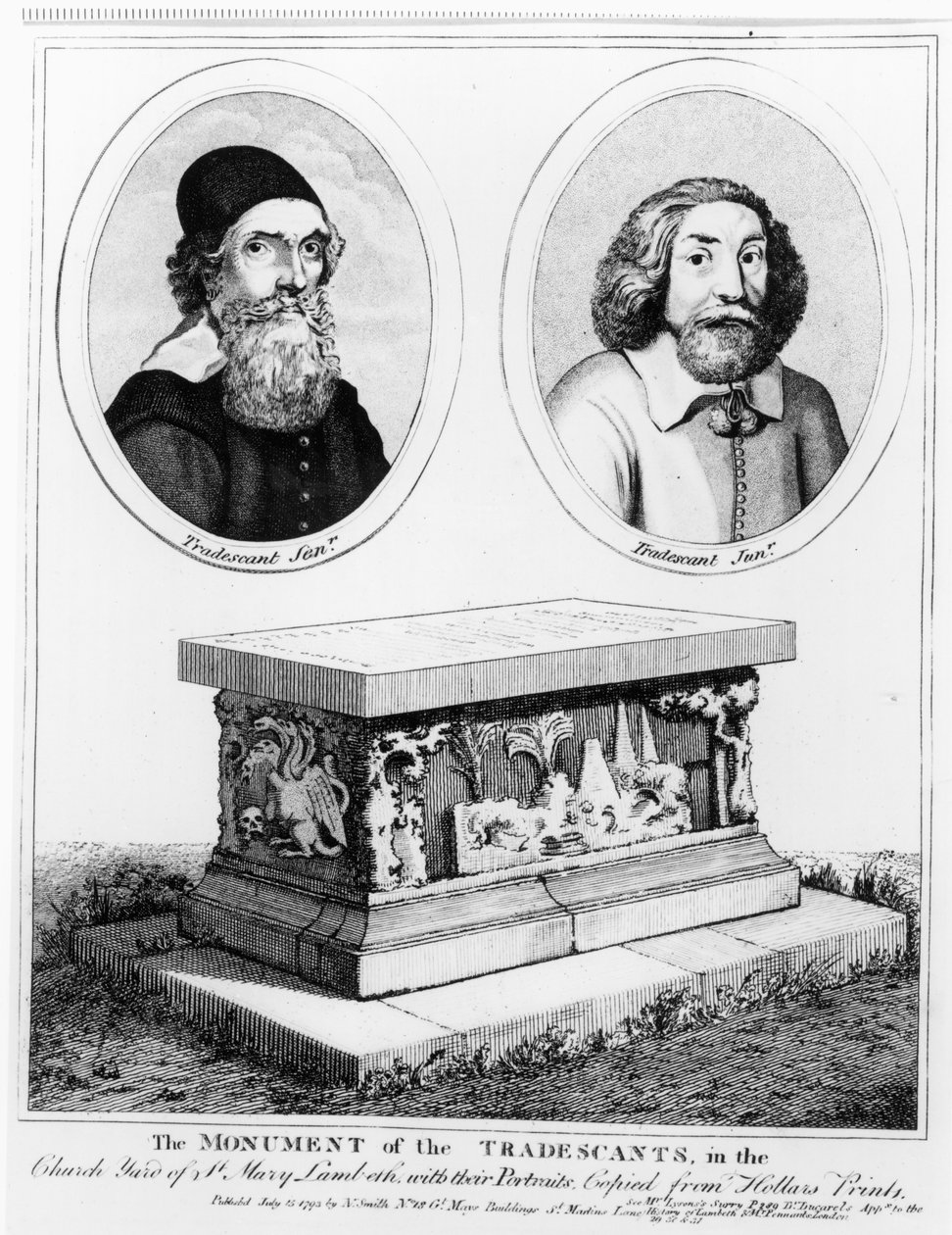 The Monument of the Tradescants in the Church Yard of St. Mary Lambeth, udgivet i 1793 af Wenceslaus Hollar