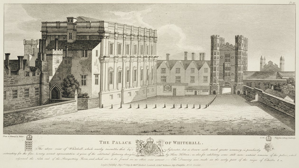 The Palace of Whitehall, fra en tegning i Pepysian Library, Cambridge, udgivet 1809 af Wenceslaus Hollar