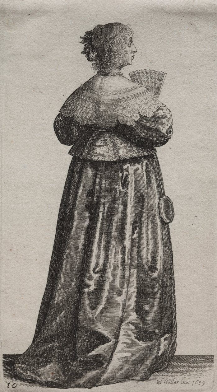 Engelske kvinders adskillige vaner, fra adelen til landskvinder, som de er i disse tider: Kvinden med vifte og spejl af Wenceslaus Hollar