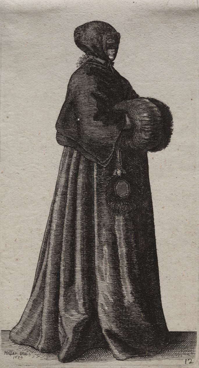 Engelske kvinders adskillige vaner, fra adelen til landskvinder, som de er i disse tider: Kvinden med maske, hætte og muffe af Wenceslaus Hollar