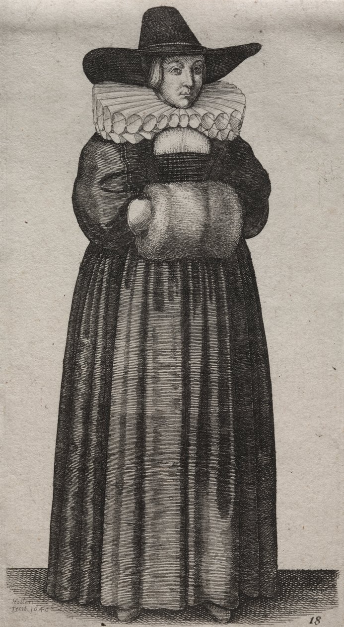 Engelske kvinders adskillige vaner, fra adelen til landskvinder, som de er i disse tider: Kvinden med mandshat og lys muffe af Wenceslaus Hollar