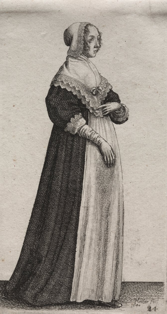 Engelske kvinders adskillige vaner, fra adelen til landskvinder, som de er i disse tider: Kvinden med høj hals. af Wenceslaus Hollar
