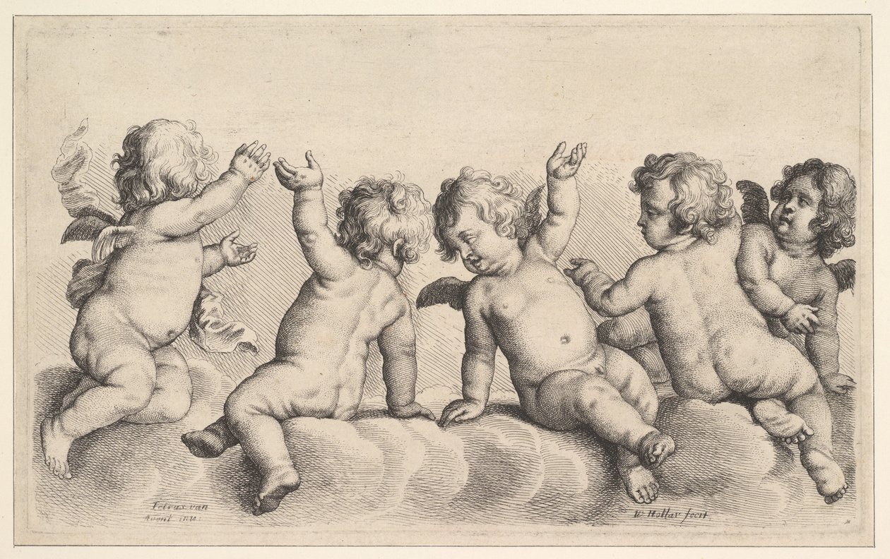 Tre keruber og to drenge på skyer, 1620-77. af Wenceslaus Hollar