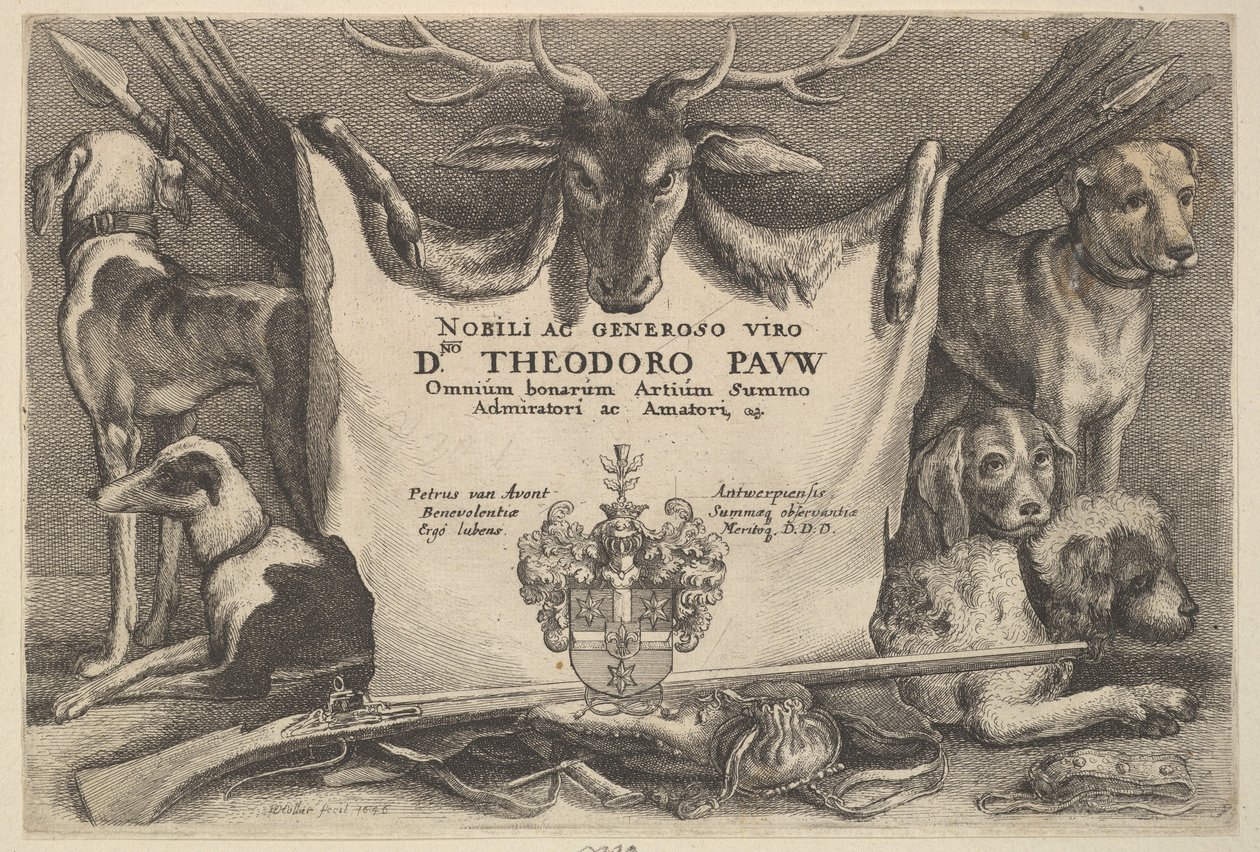 Titelblad med hunde og jagtudstyr, 1646. af Wenceslaus Hollar