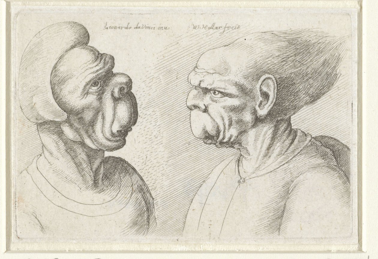 To deforme hoveder Varie figurae et probae (serietitel) Karikaturer, hoveder og deformiteter efter Leonardo da Vinci (serietitel) af Wenceslaus Hollar
