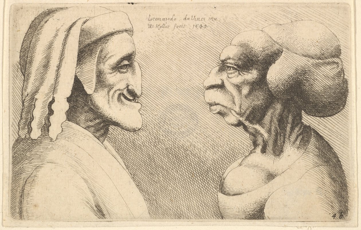 To deforme hoveder figuren til venstre er muligvis en karikatur af Dante, 1645. af Wenceslaus Hollar