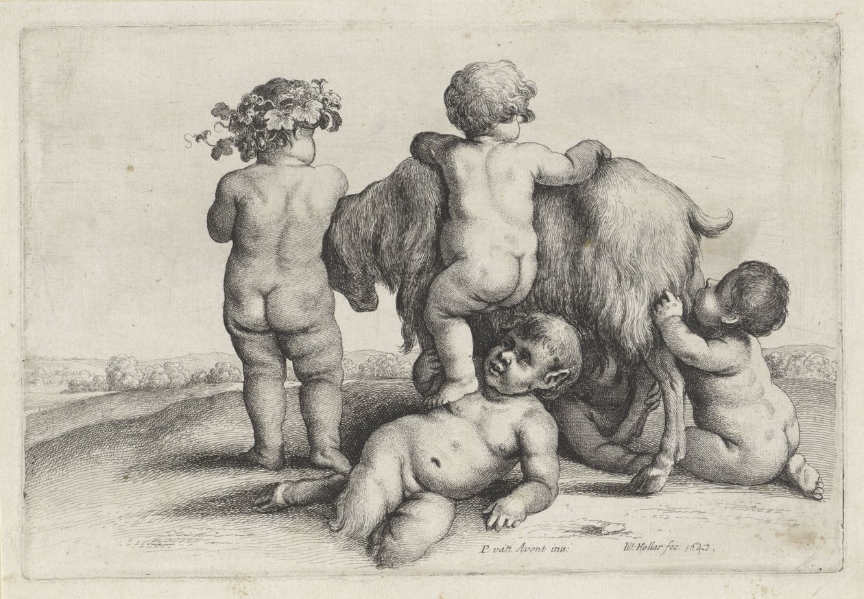 Fire drenge, en satyr og en ged Putti og Satyrer (serietitel) af Wenceslaus Hollar