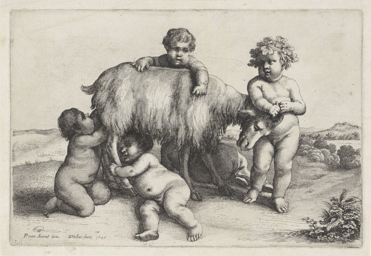 Fire drenge, en satyr og en ged står til højre Putti og Satyrer (serietitel) af Wenceslaus Hollar