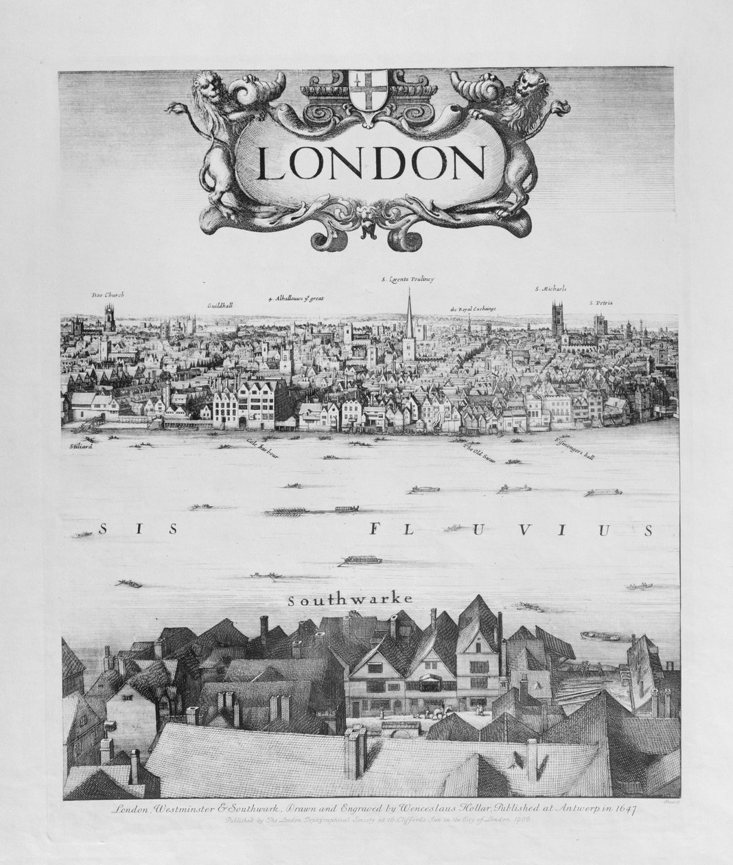 View of London, udgivet 1647 (faksimilekopi) (detaljer) af Wenceslaus Hollar