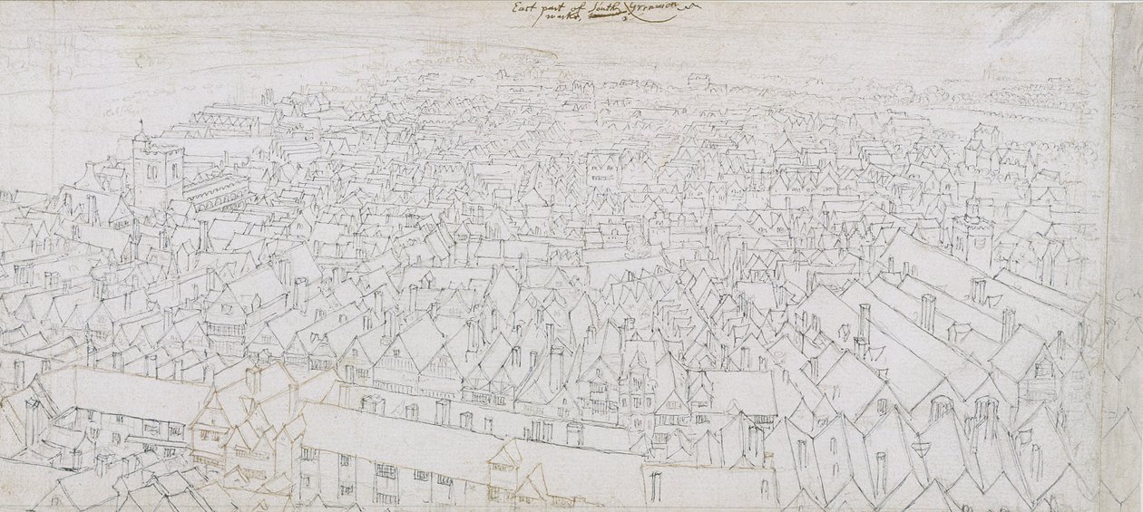 Udsigt over den østlige del af Southwark Looking Towards Greenwich (pen, sort og brunt blæk og blyant på lagt papir) af Wenceslaus Hollar