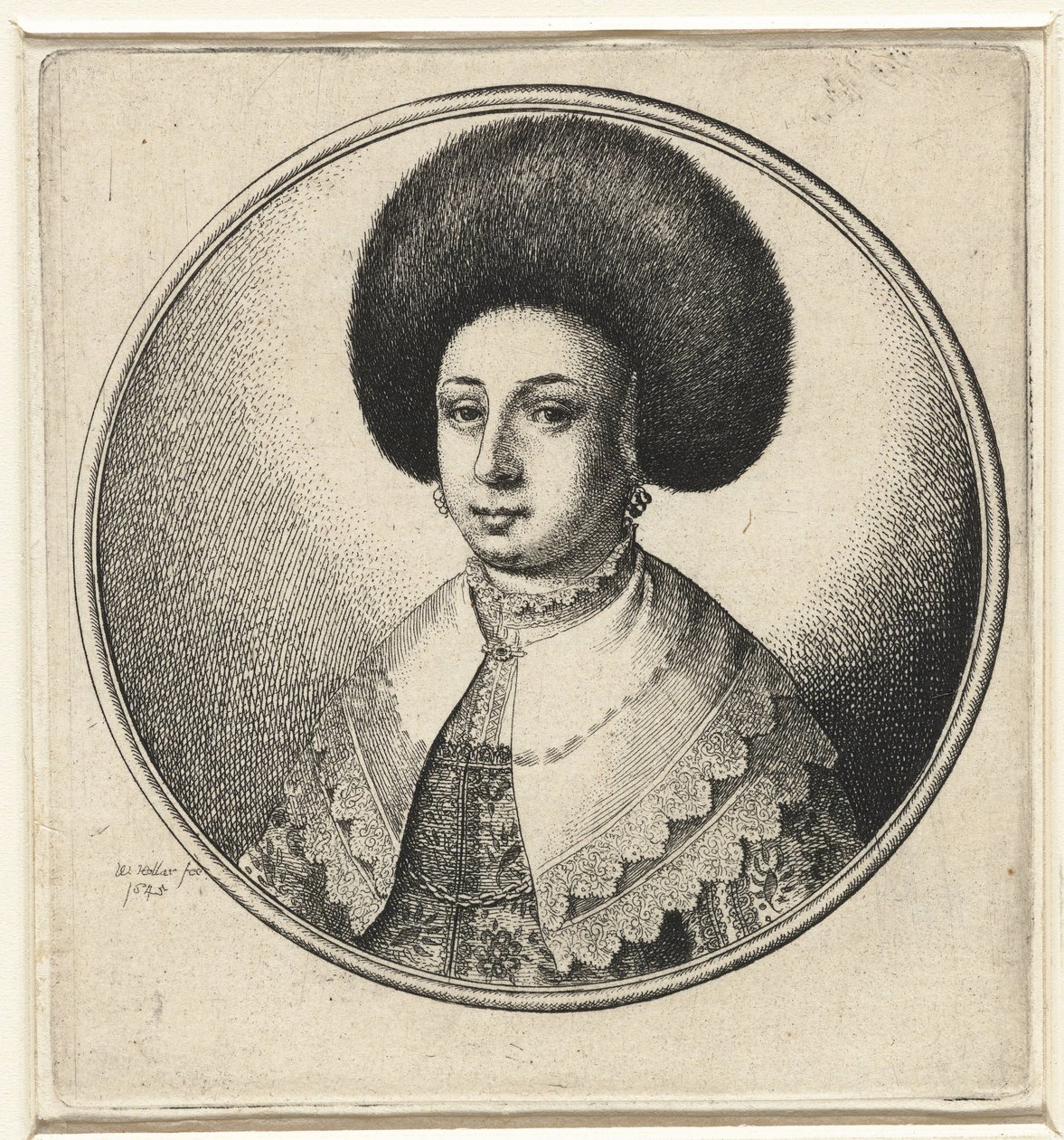 Kvinde med blondekrave, øreringe og pelshat Kvindebuster i runde stel (serietitel) af Wenceslaus Hollar