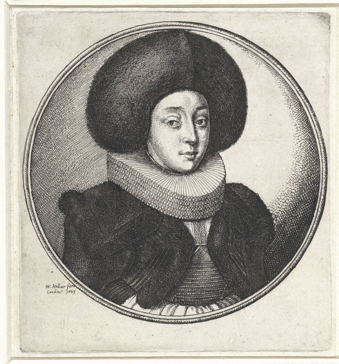 Kvinde med flæsekrave og stor pelshat Medaljoner med kvindebuster (serietitel) af Wenceslaus Hollar