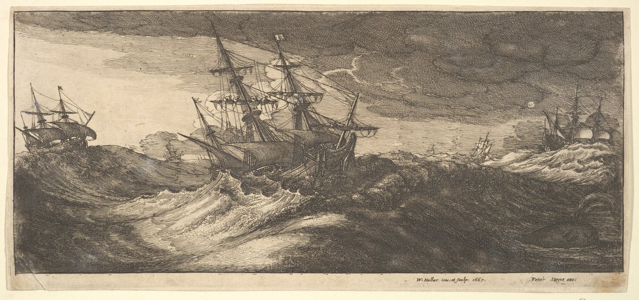 Krigsskib og en sprutende hval, 1665. af Wenceslaus Hollar