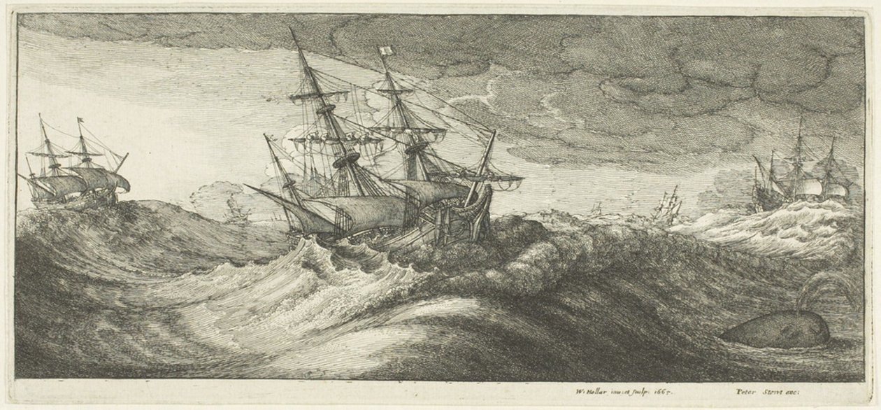 Krigsskibe og en spruttende hval af Wenceslaus Hollar