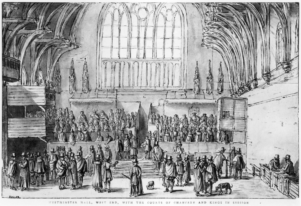Westminster Hall, West End, med Courts of Chancery and Kings in Session af Wenceslaus Hollar