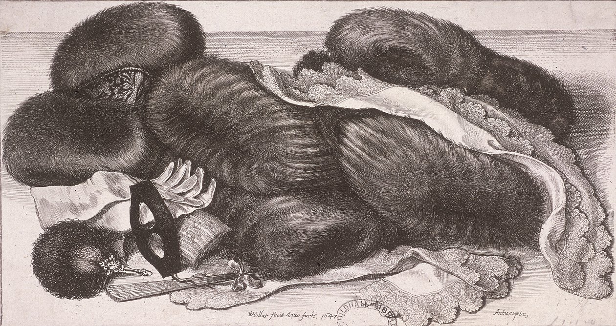 Vinterbeklædning til en kvinde, inklusive muffer, handsker og lommetørklæder, 1647 af Wenceslaus Hollar