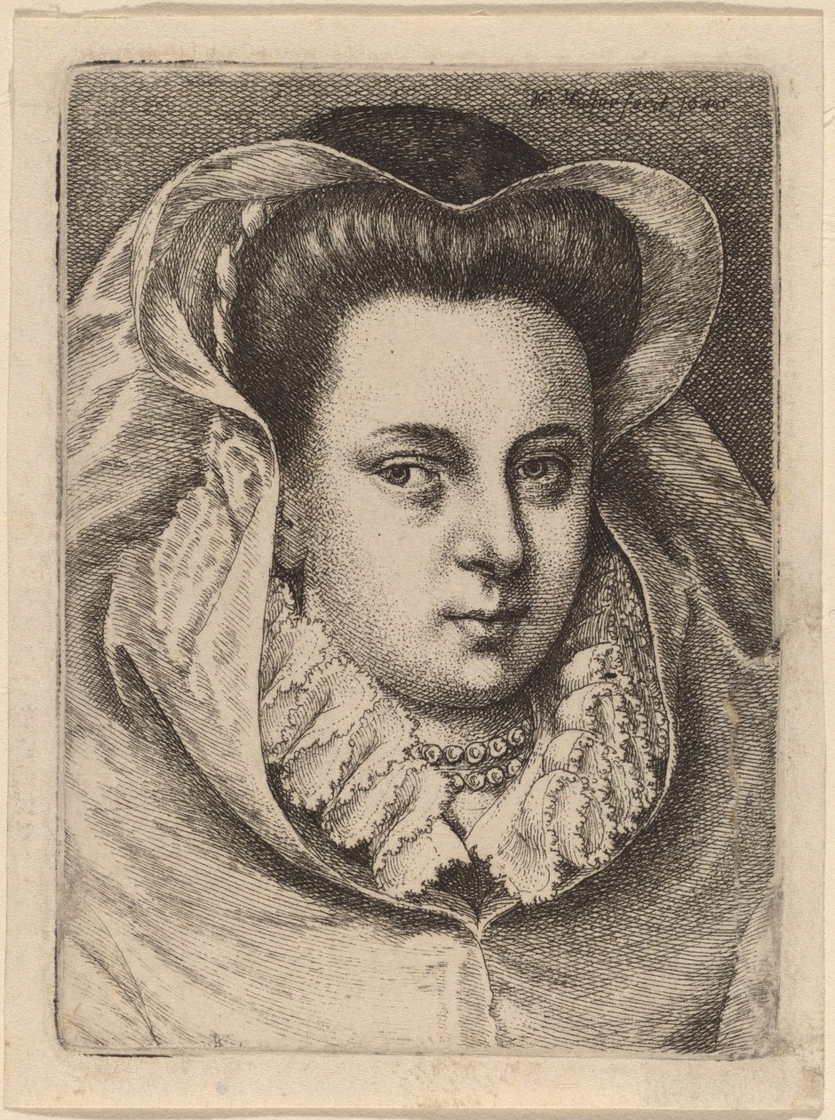 Kvinde med hvidt slør og sort hat (Mary Stuart?) af Wenceslaus Hollar