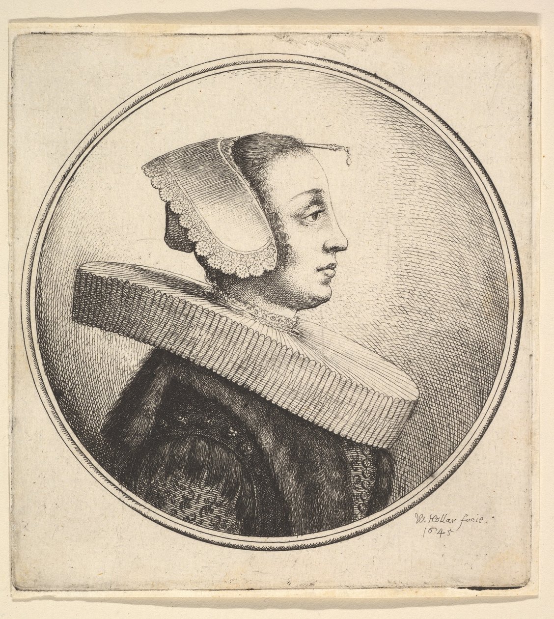 Kvinde med cirkulær ryg, motorhjelm og hårnål, i profil til højre, 1645. af Wenceslaus Hollar